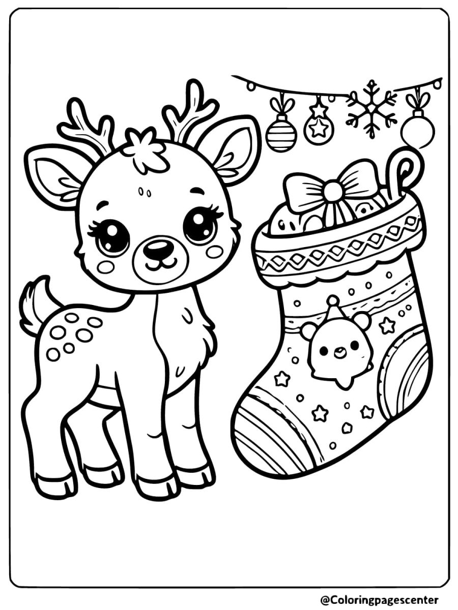 Coloring page of a reindeer standing by Christmas stocking