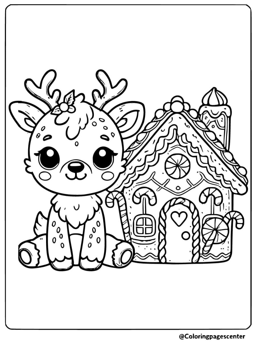 Coloring page of a reindeer with a Christmas gingerbread house