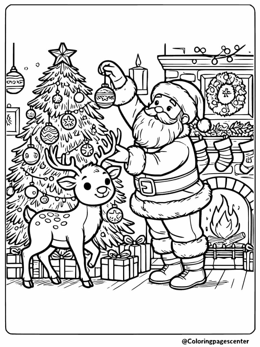 Coloring page of Santa with a reindeer decorating a Christmas tree