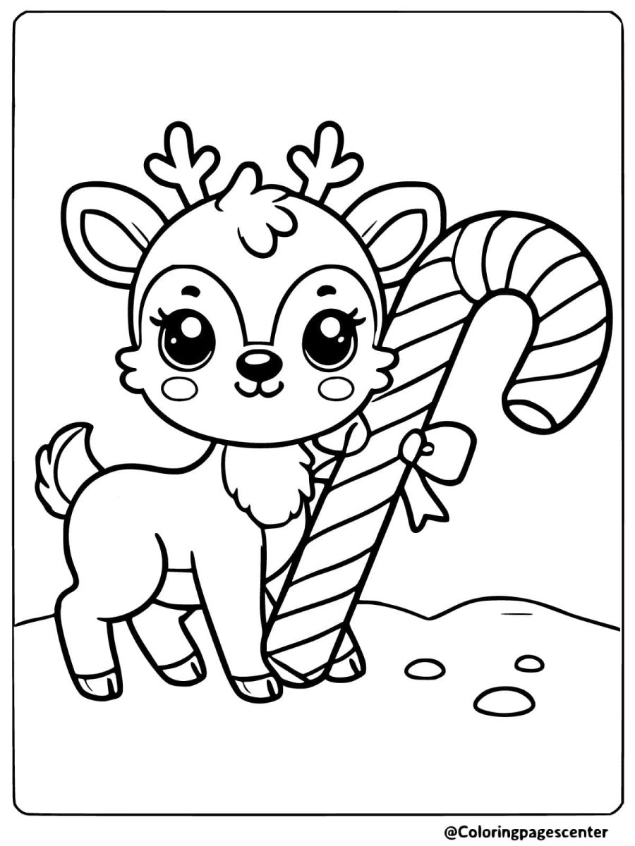 Coloring page of a reindeer holding a candy cane in a festive scene