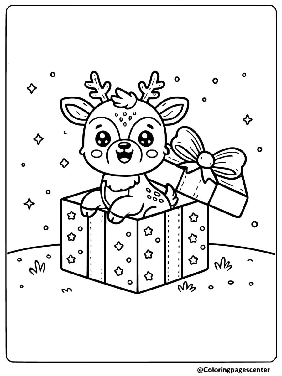 Coloring page of a reindeer popping out of a festive gift box