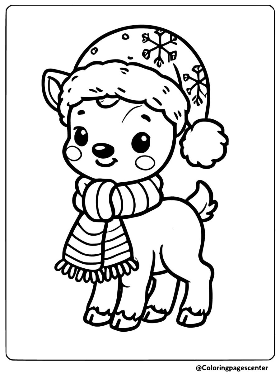 Coloring page of a reindeer wearing a Santa hat and a scarf