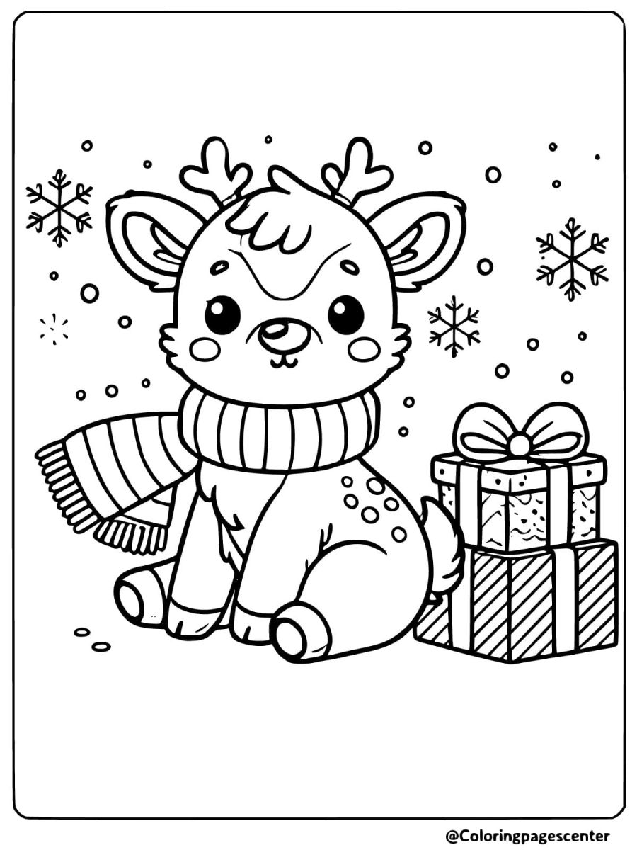 Coloring page of a reindeer in a scarf sitting by gifts and snowflakes