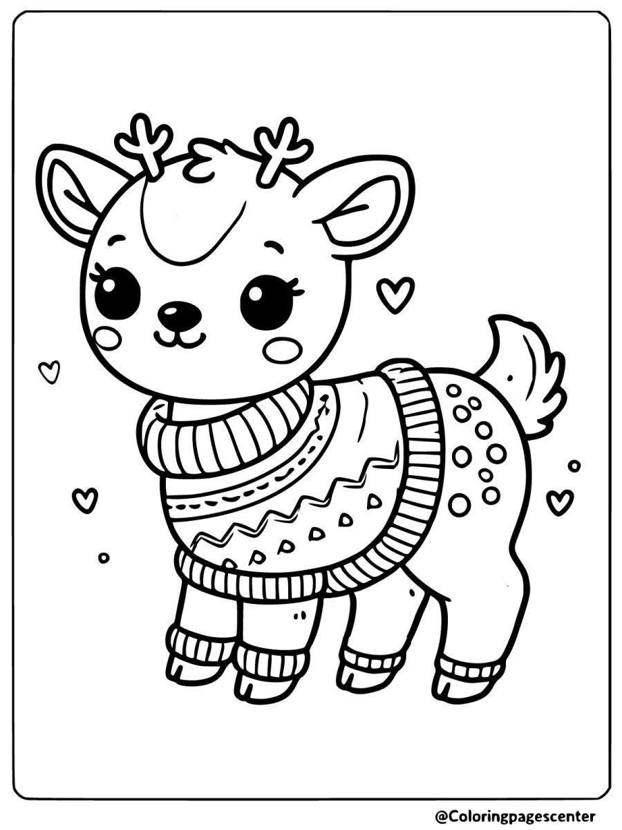 Coloring page of a reindeer wearing a cozy sweater with heart decorations