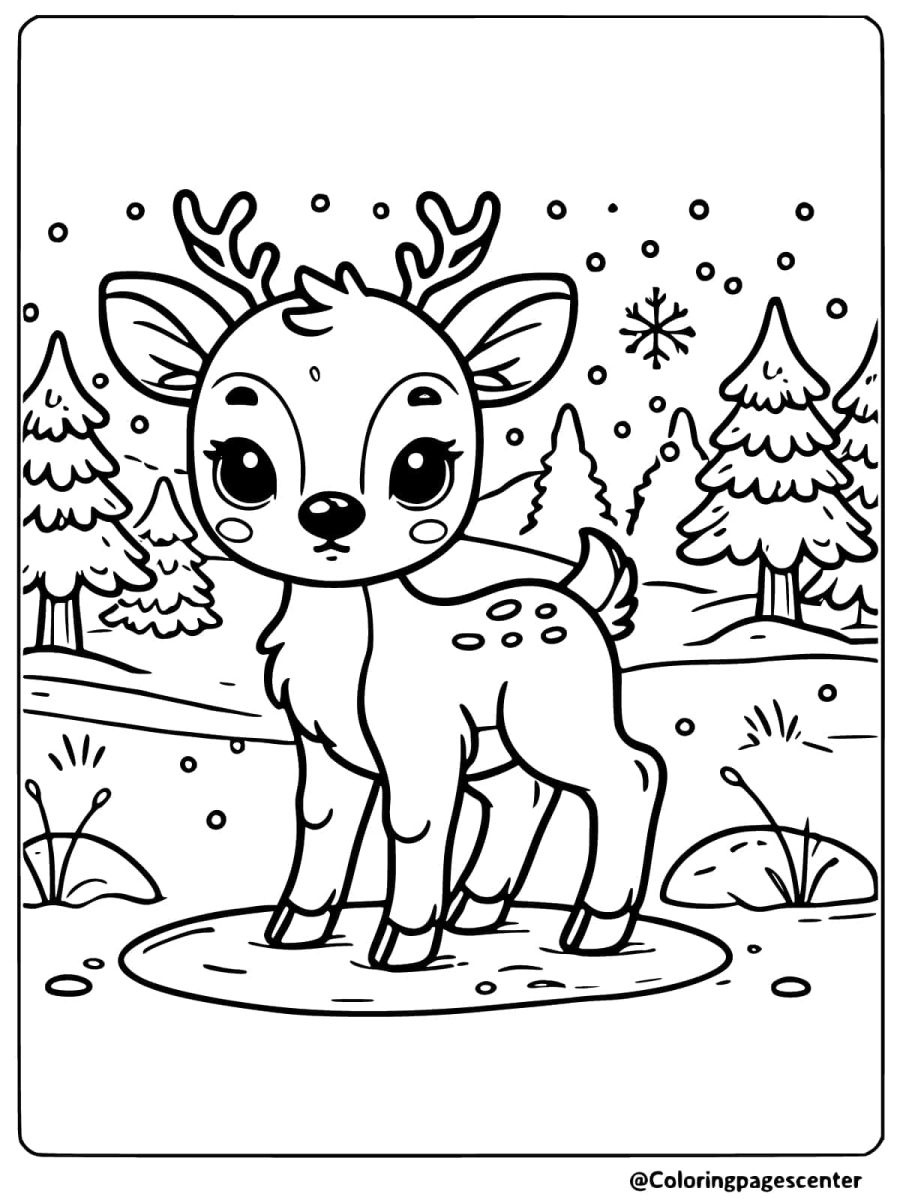 Coloring page of a reindeer standing in a snowy winter forest