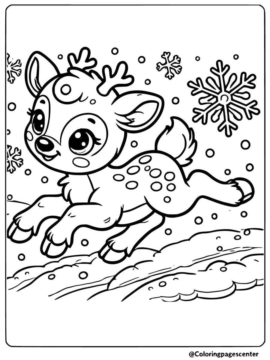 Coloring page of a reindeer jumping joyfully through the snow