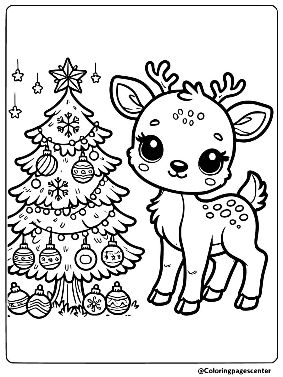 Coloring page of a reindeer standing next to a decorated Christmas tree