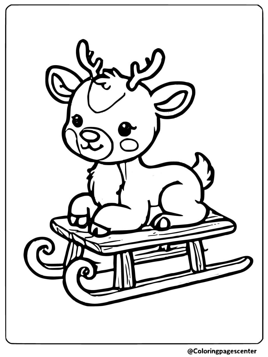 Coloring page of a reindeer sitting on a sled ready for winter fun