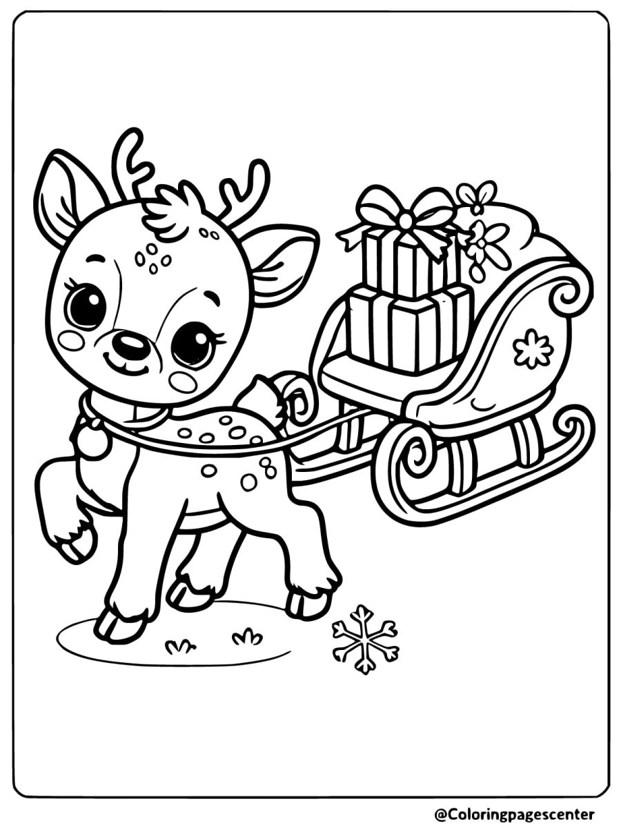 Coloring page of a reindeer pulling a sleigh filled with gifts