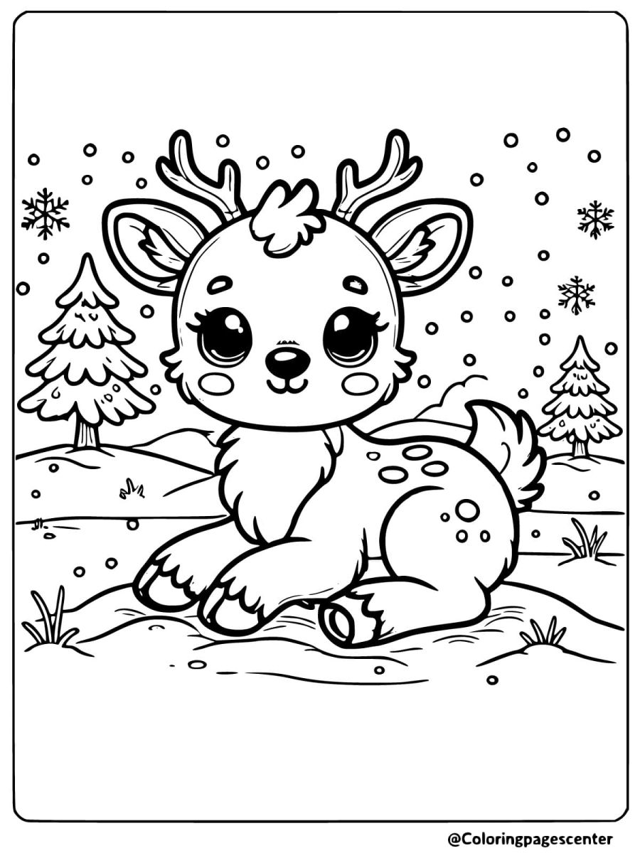 Coloring page of a reindeer resting in a snowy winter forest