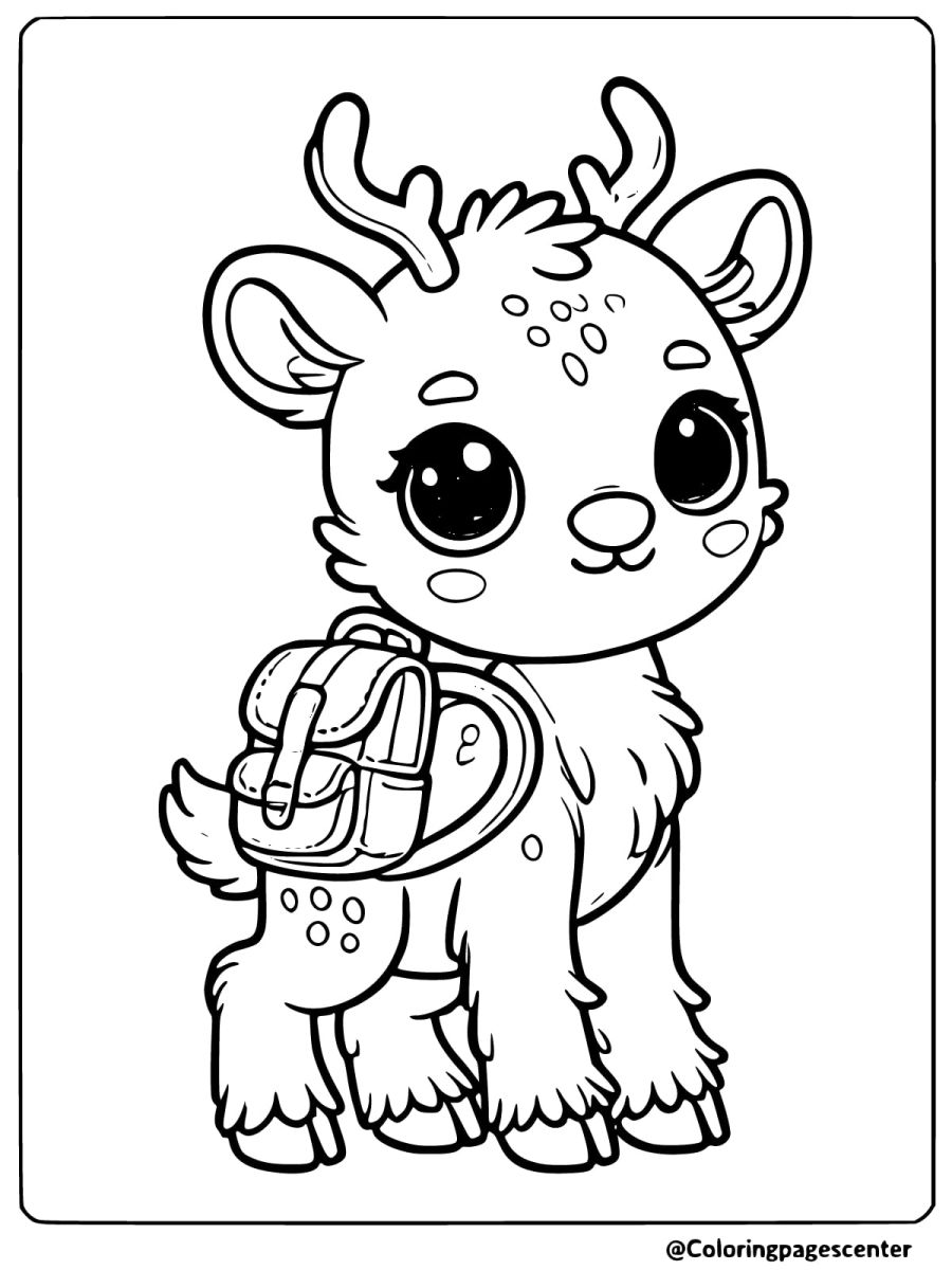 Coloring page of a reindeer carrying a small backpack on its back