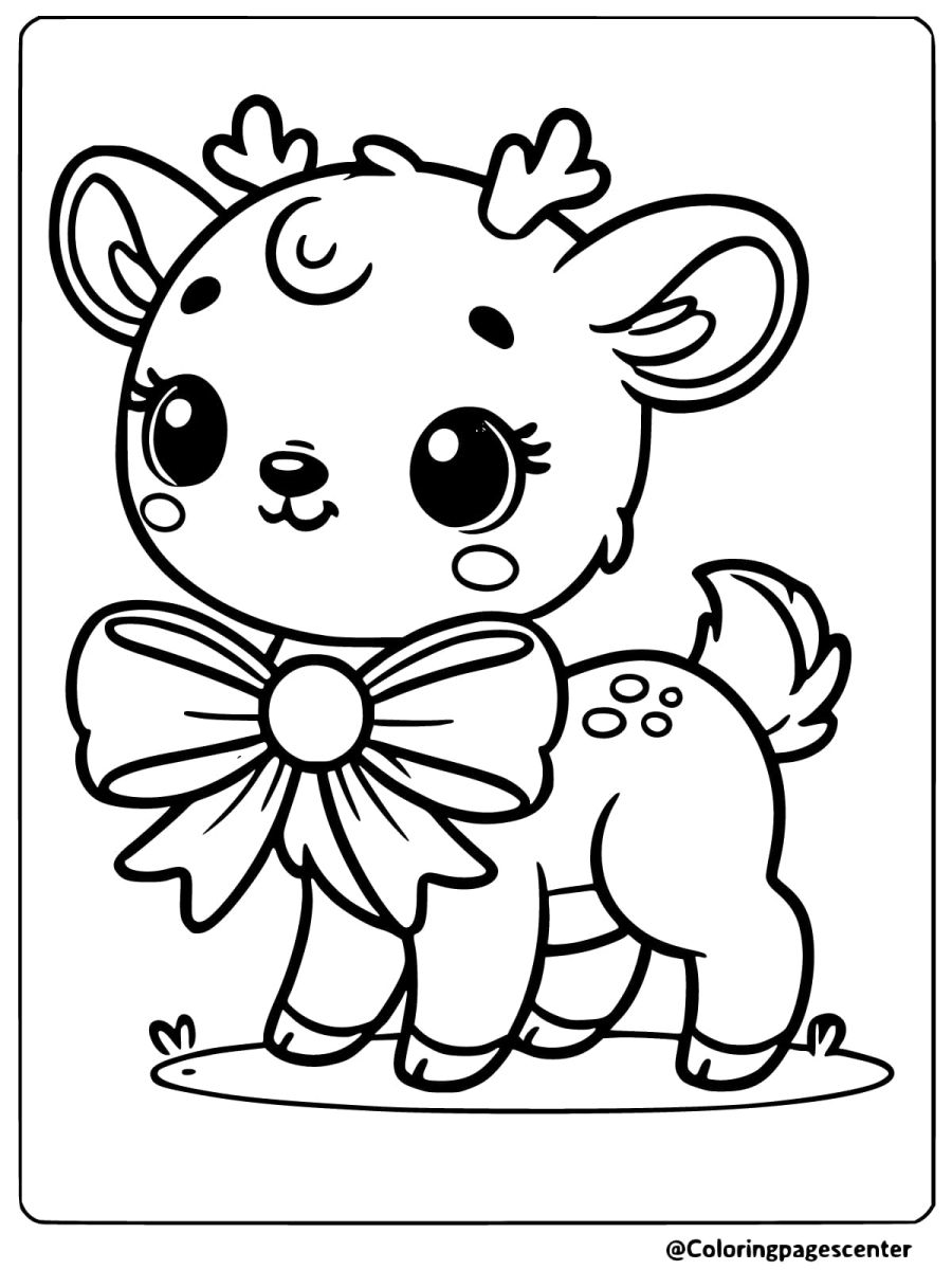 Coloring page of a reindeer with a large decorative bow around its neck