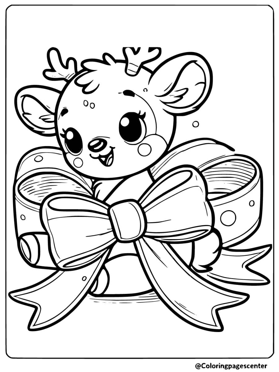 Coloring page of a reindeer adorned with a big festive ribbon