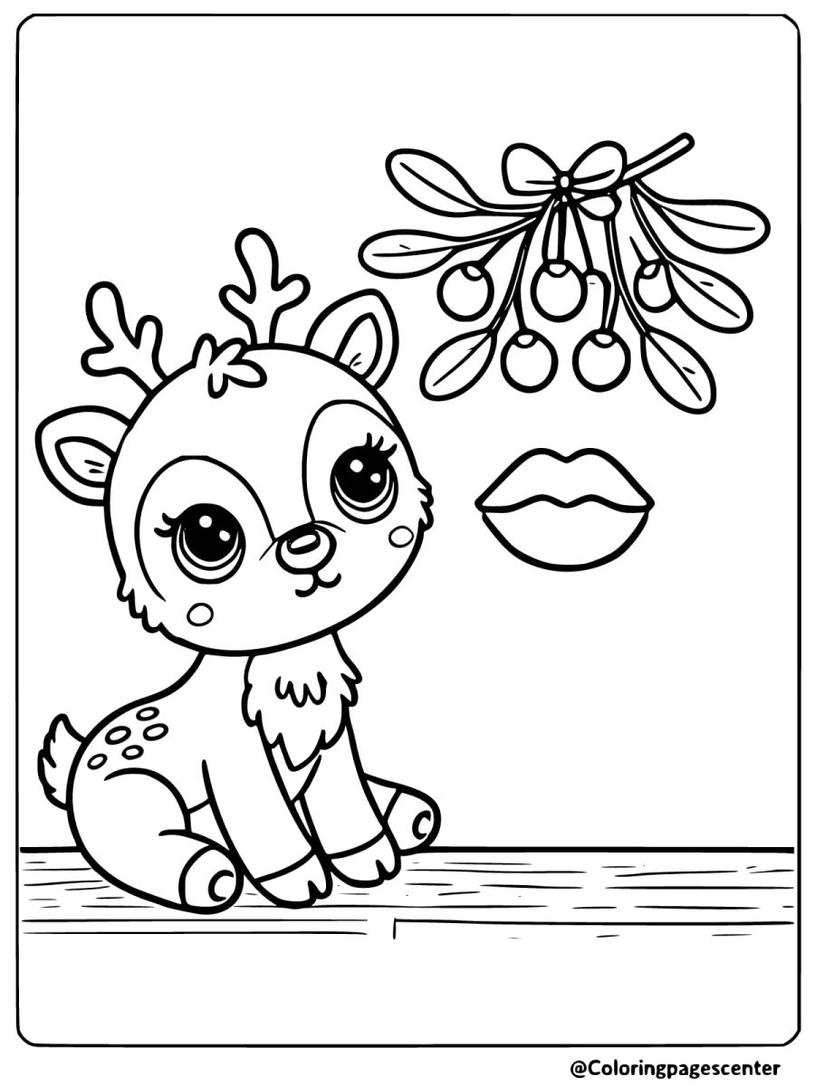 Coloring page of a reindeer sitting under mistletoe and looking up