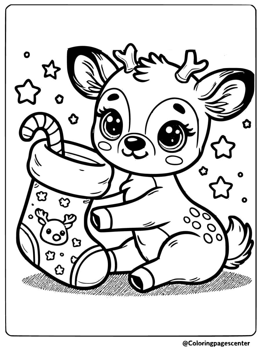 Coloring page of a reindeer holding a Christmas stocking with stars