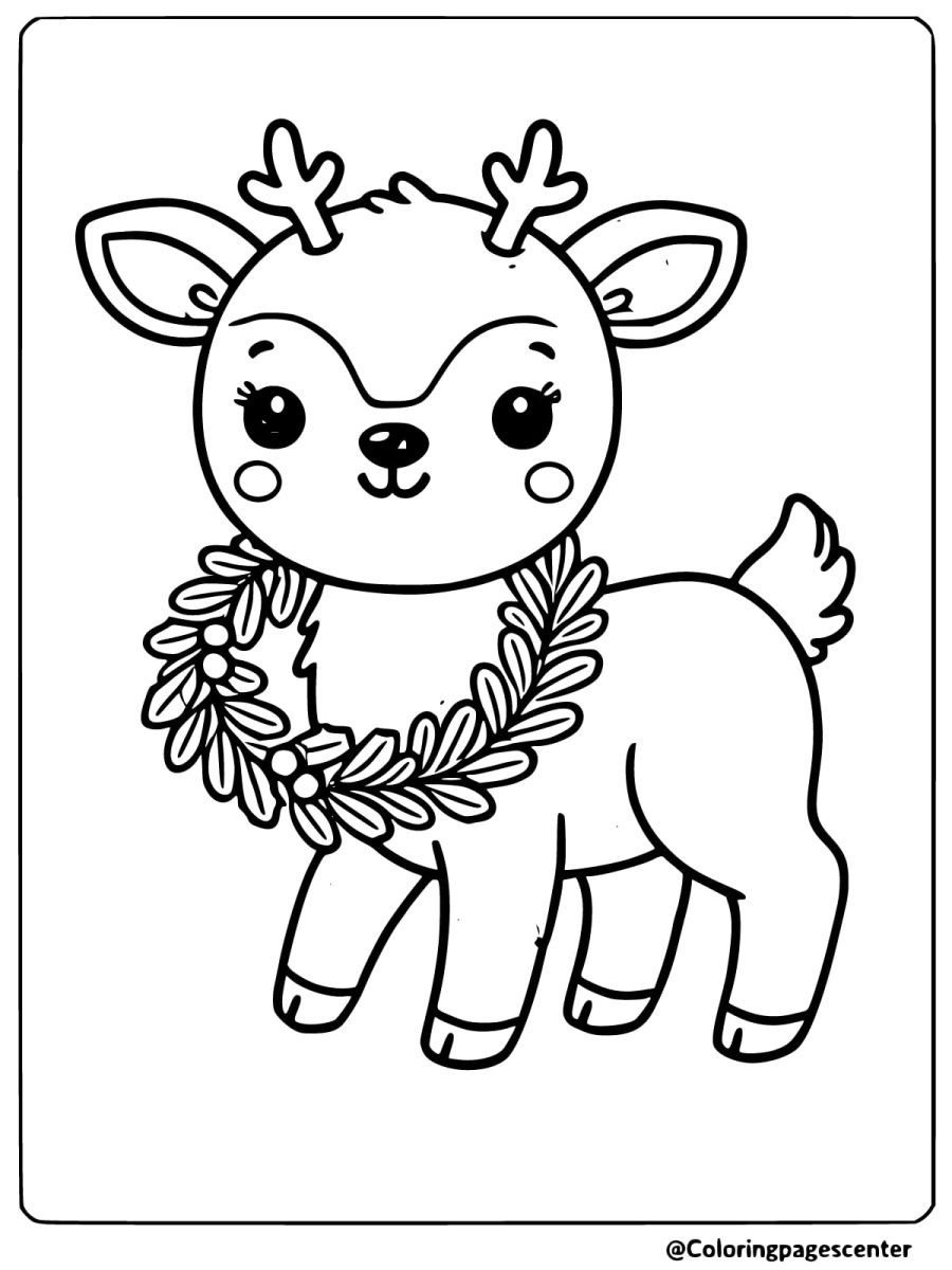 Coloring page of a reindeer wearing a holiday wreath around its neck