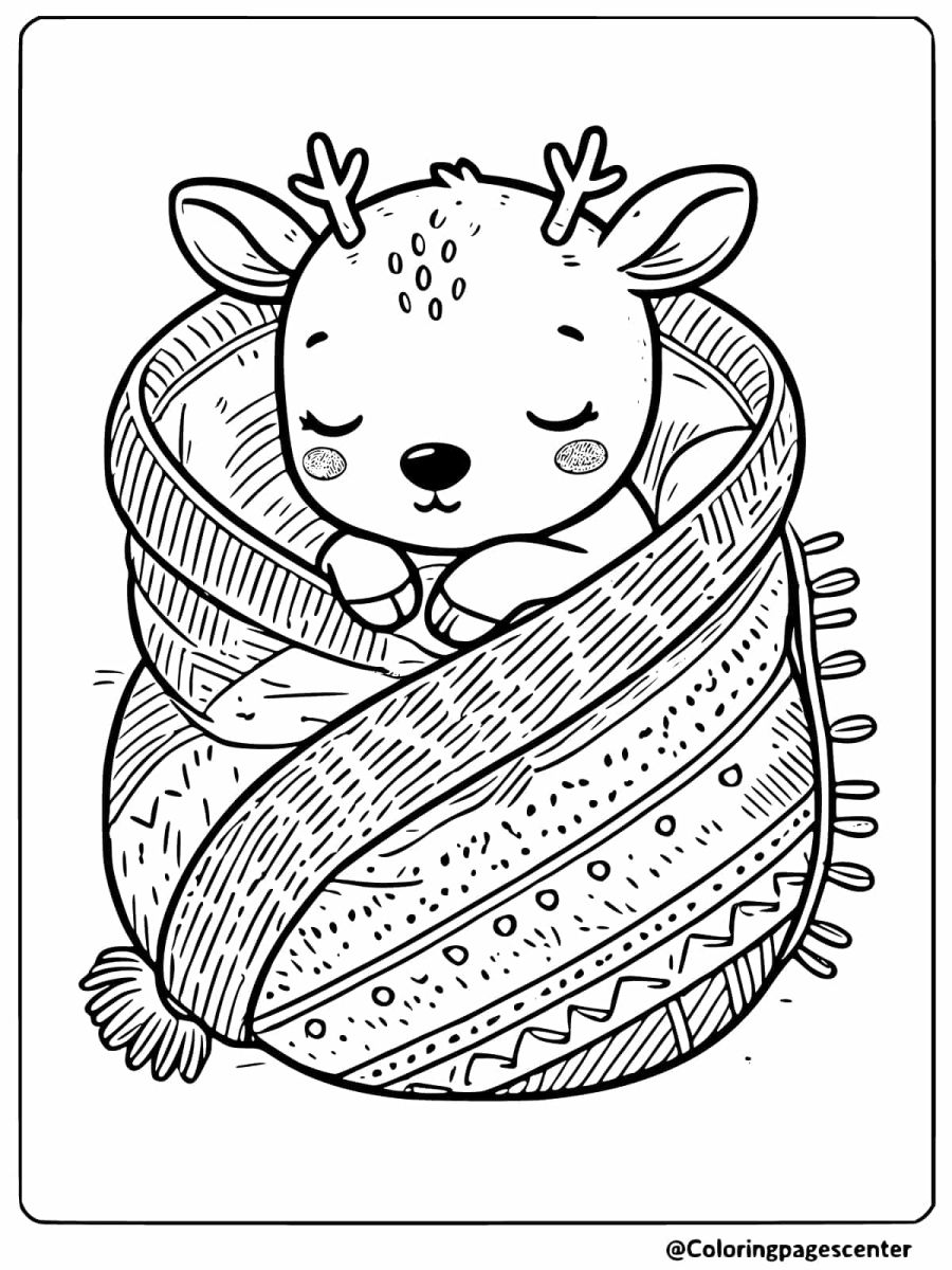 Coloring page of a reindeer wrapped snugly in a patterned blanket