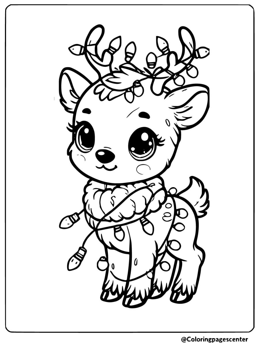 Coloring page of a reindeer wrapped in festive Christmas lights