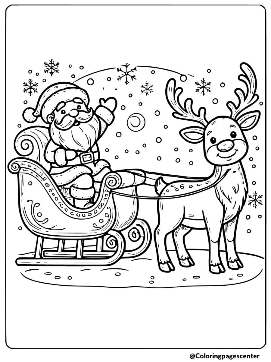 Coloring page of Santa in sleigh with reindeer at night