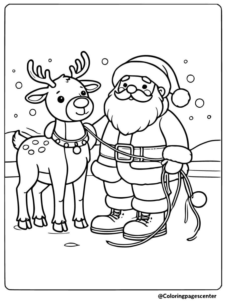 Coloring page of Santa smiling with his reindeer friend