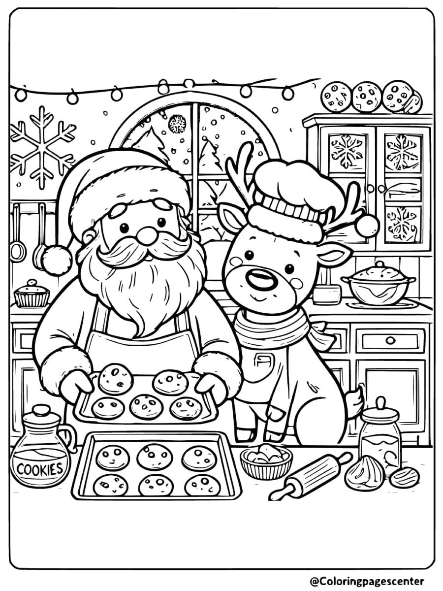 Coloring page of Santa baking with reindeer in the kitchen