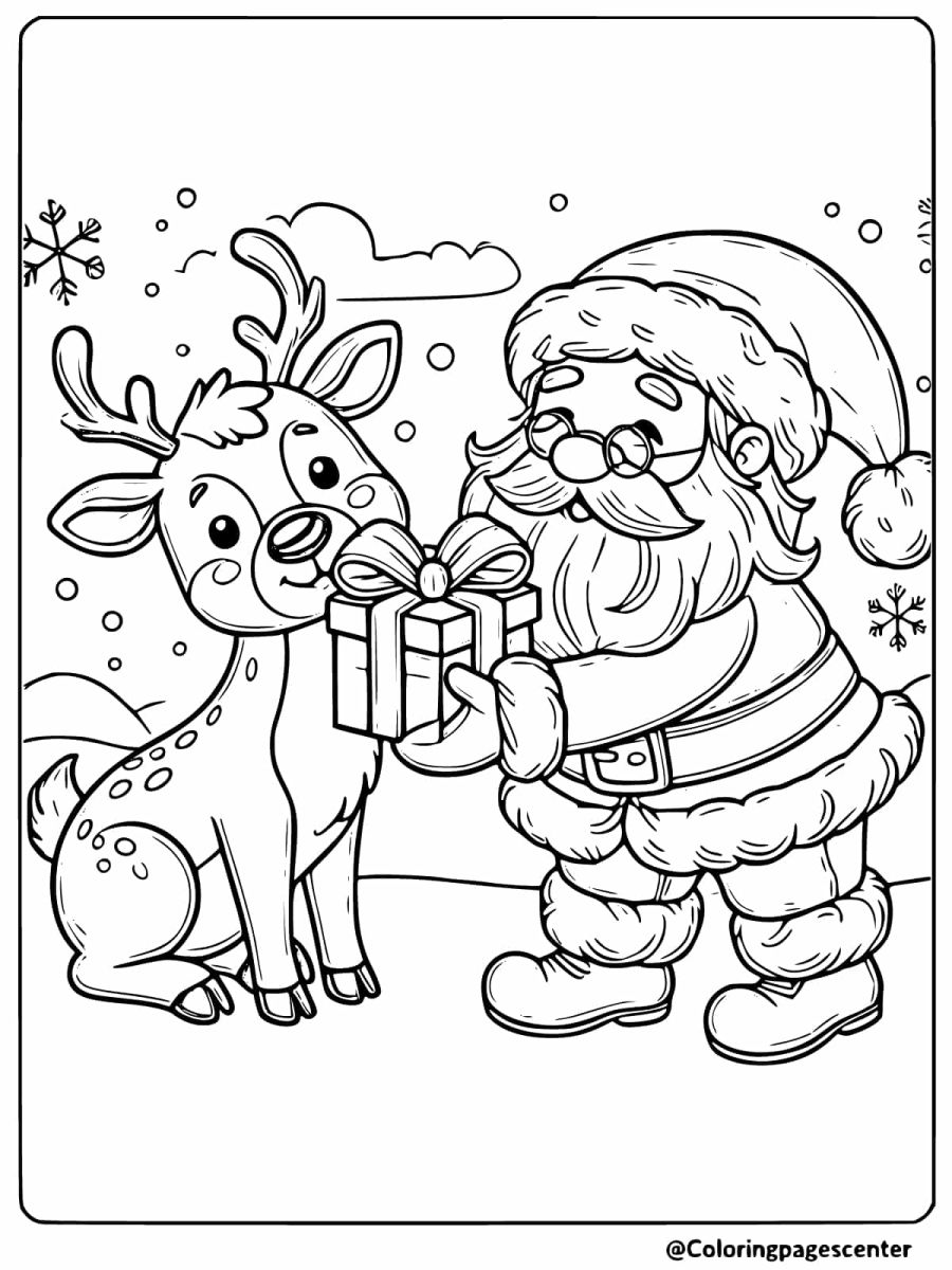 Coloring page of Santa giving a gift to his reindeer