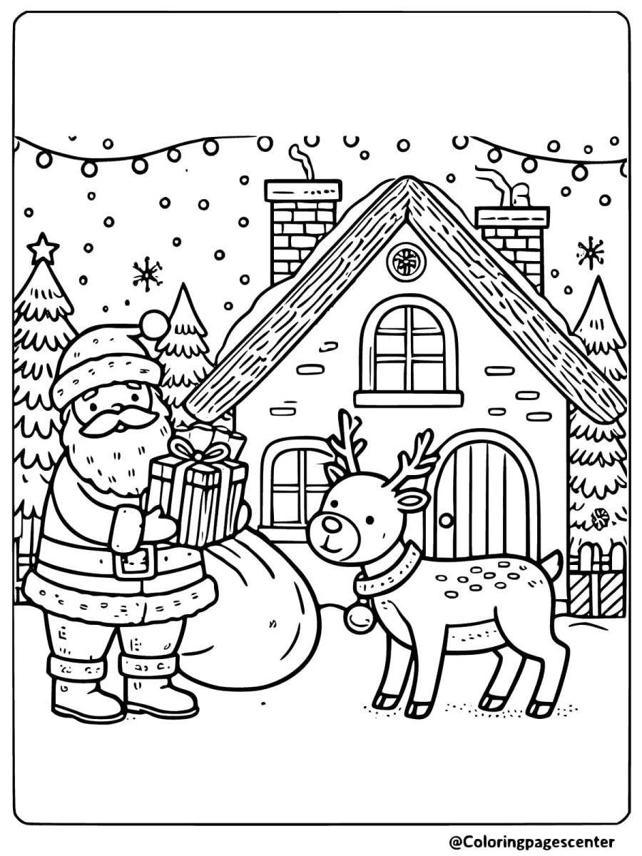 Coloring page of Santa giving gifts with a reindeer