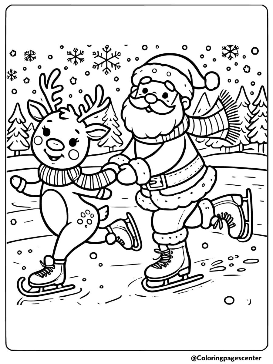 Coloring page of Santa ice skating with his reindeer