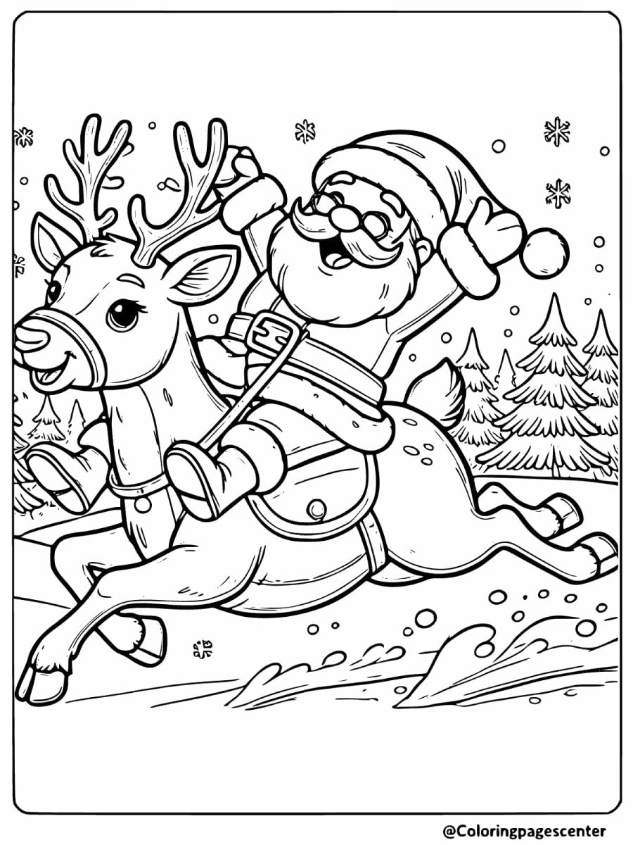 Coloring page of Santa riding reindeer in snowy woods