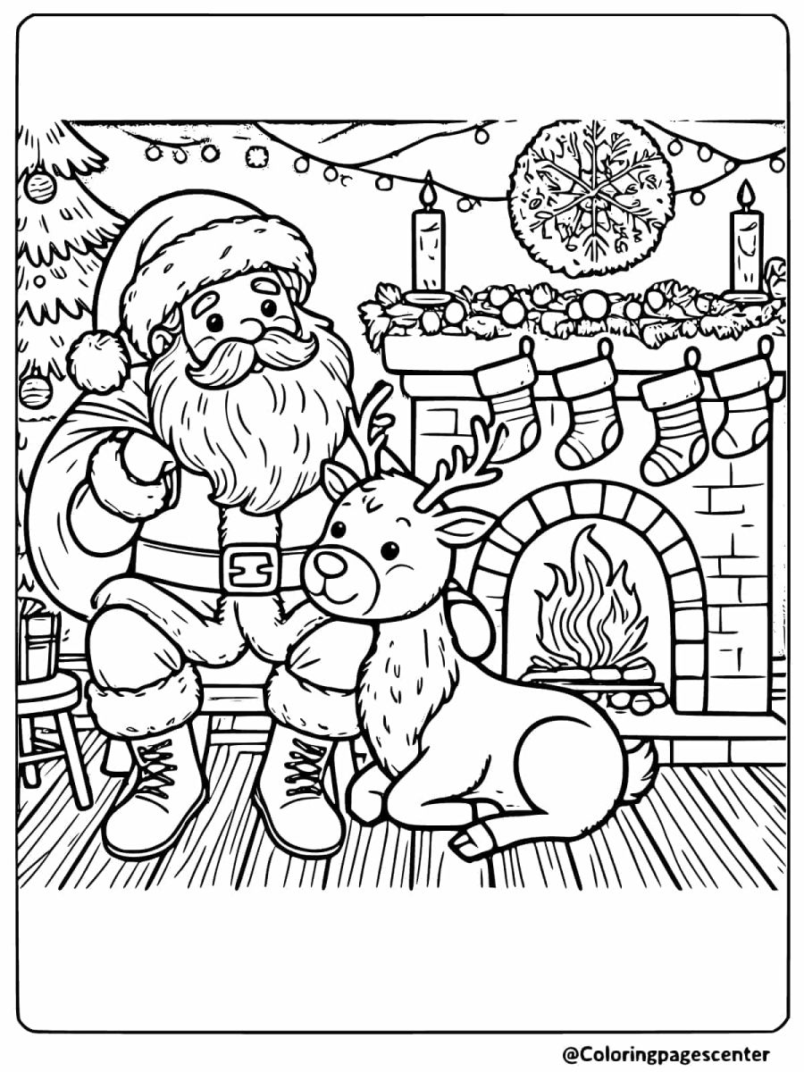 Coloring page of Santa by the fire with his reindeer