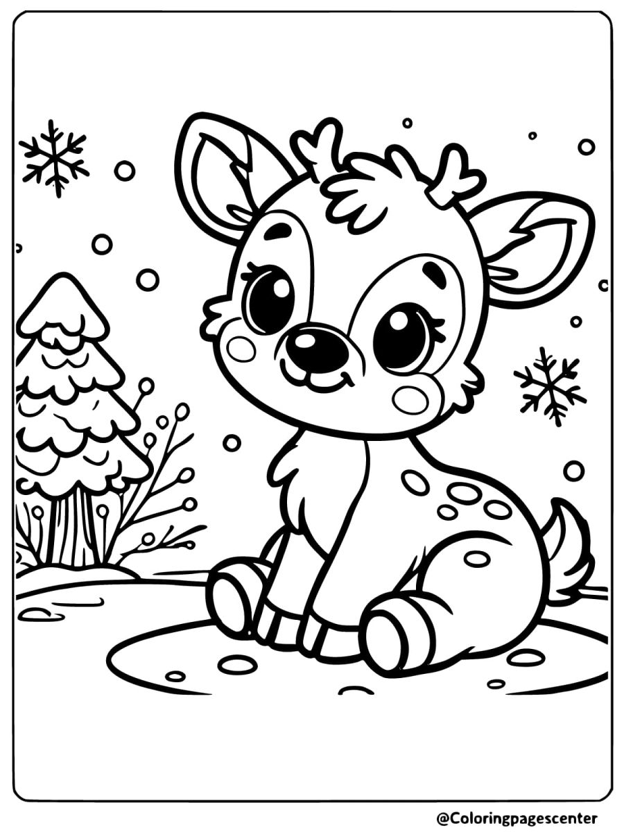 Coloring page of a reindeer sitting happily in the snow