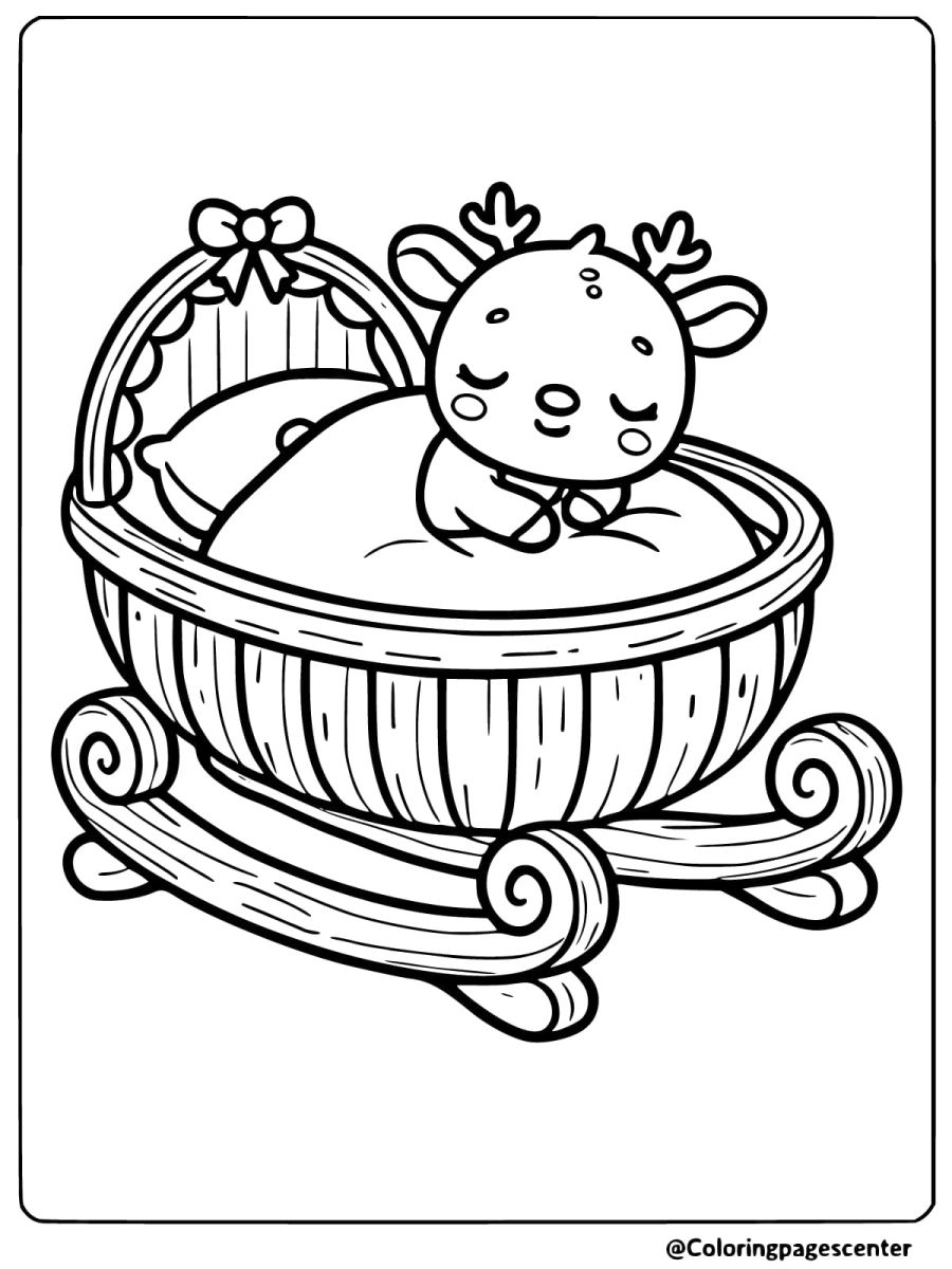 Coloring page of a baby reindeer sleeping peacefully in a cradle