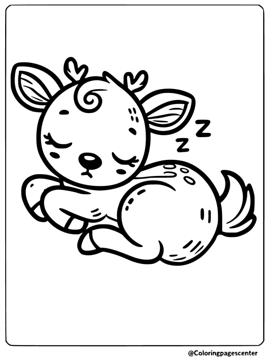 Coloring page of a sleeping reindeer curled up and resting peacefully