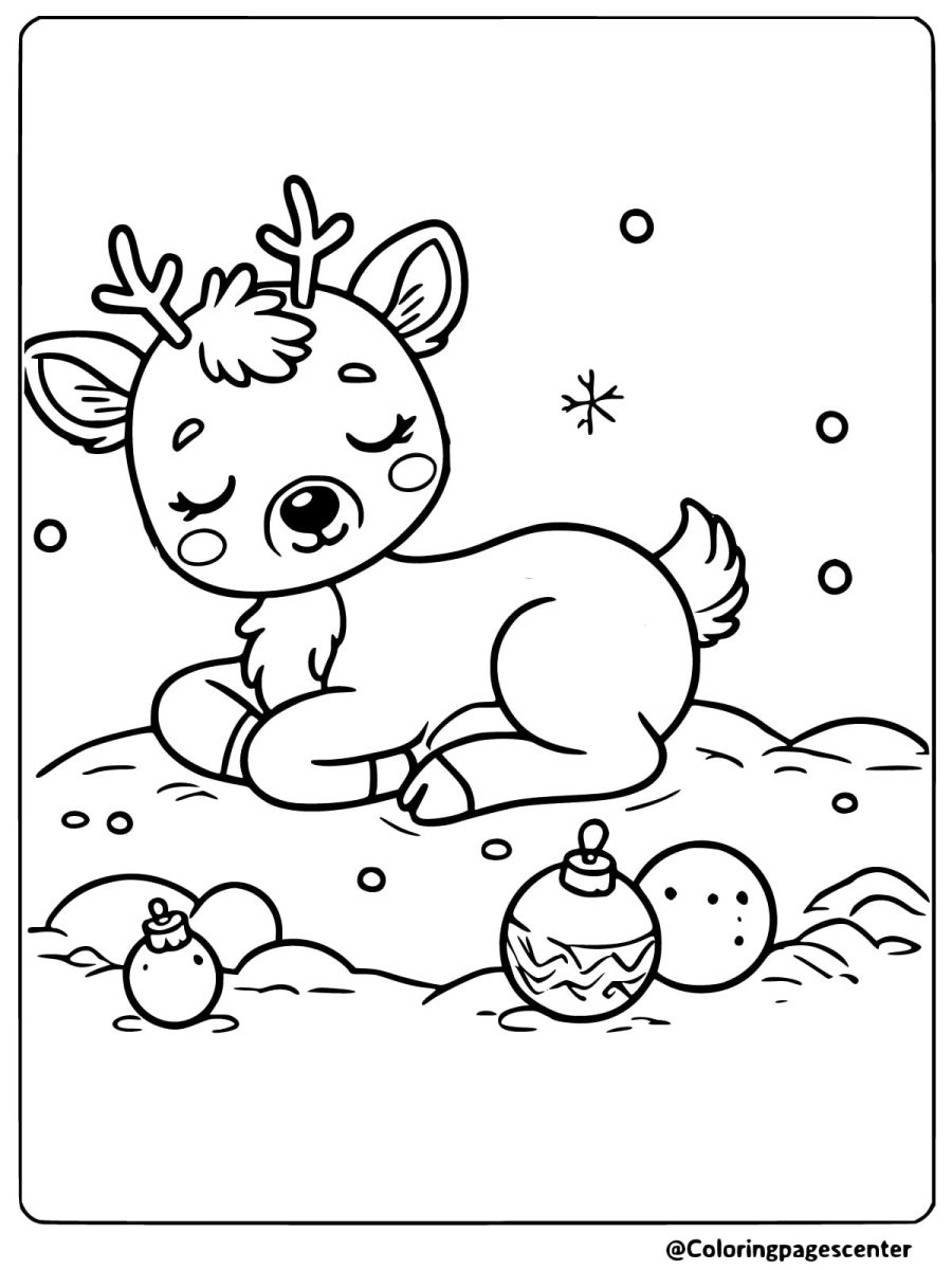 Coloring page of a sleepy reindeer resting on snow with ornaments