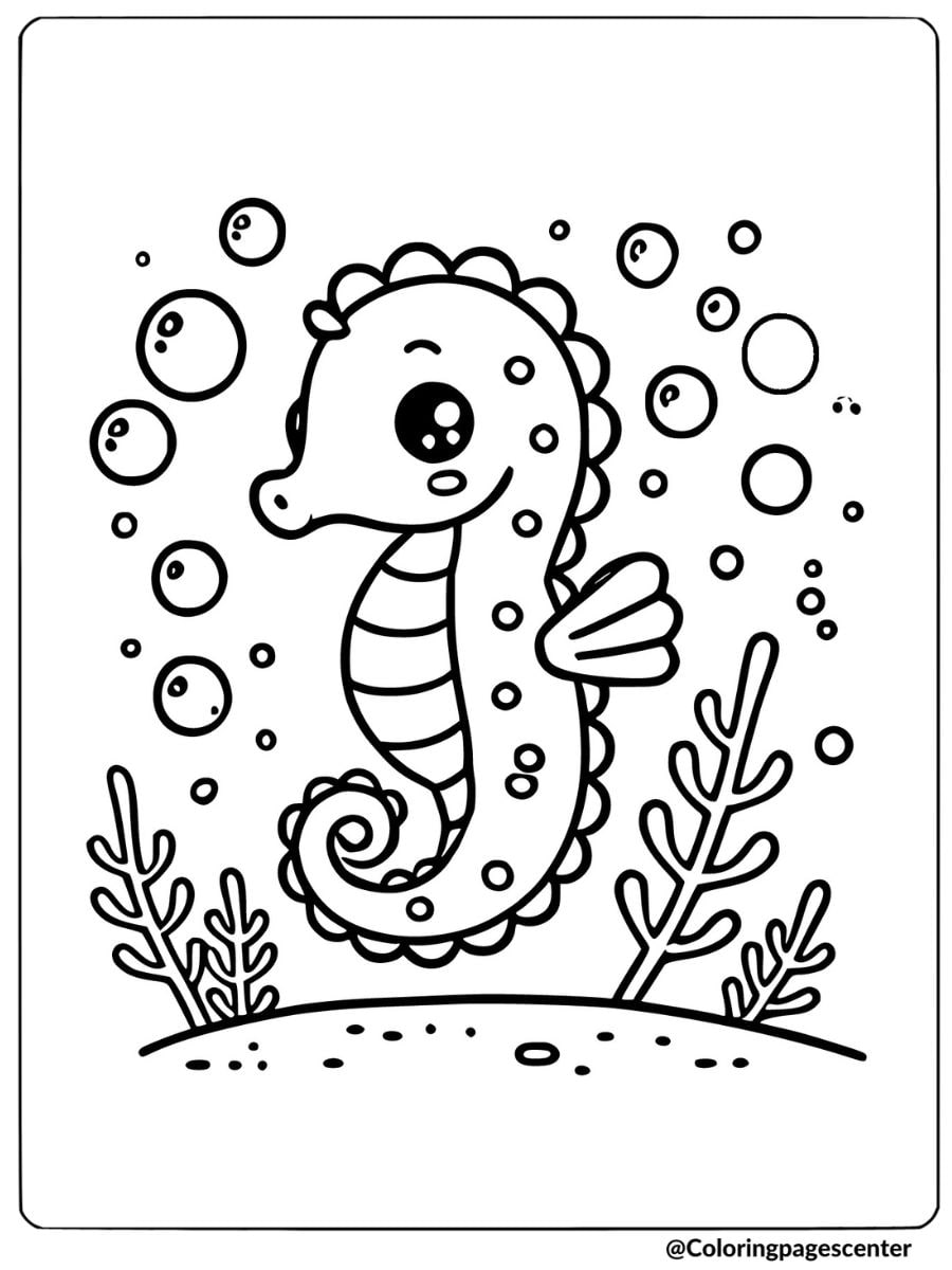 Adorable seahorse surrounded by bubbles coloring page