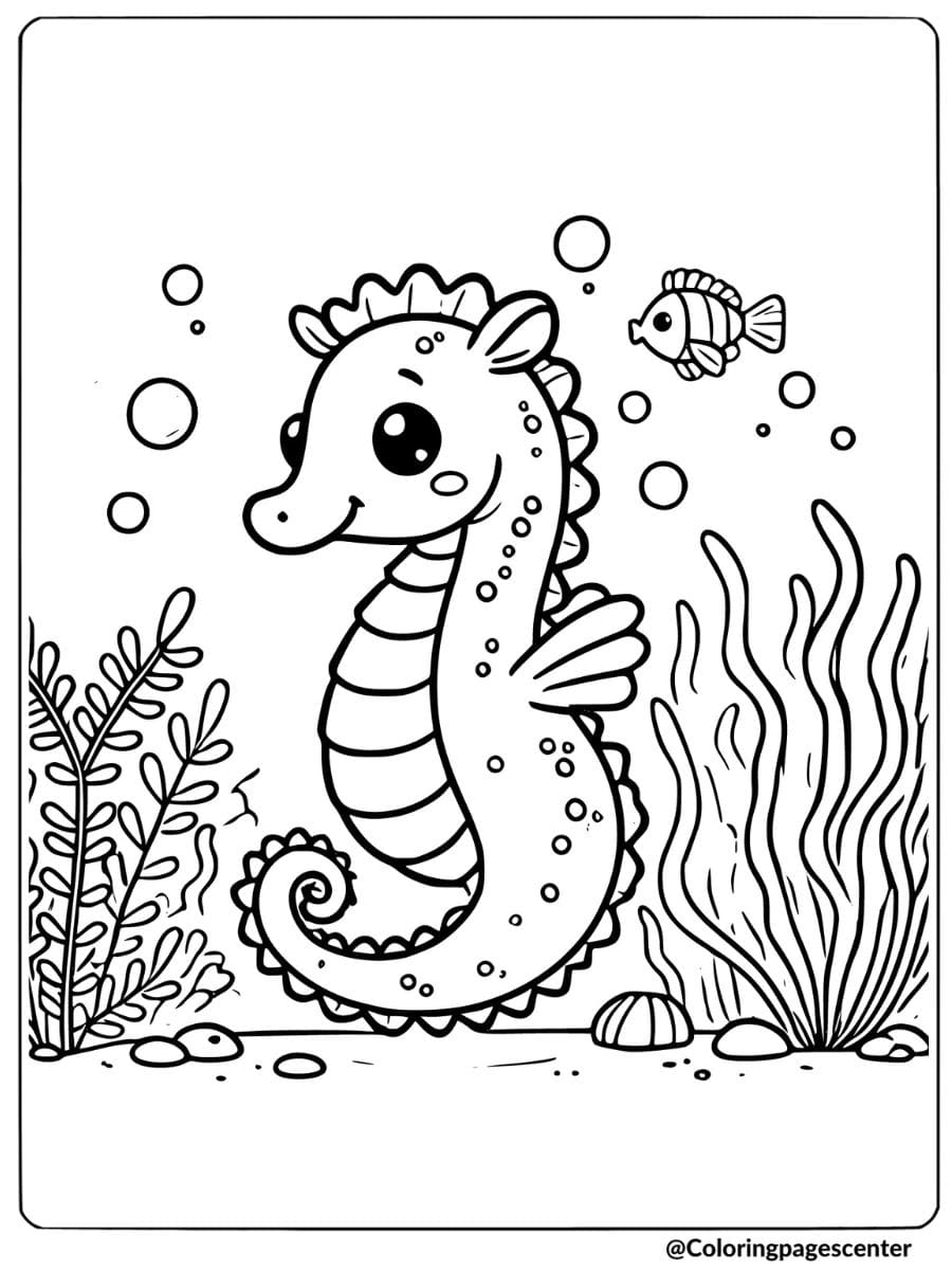 Cute seahorse and fish underwater coloring page