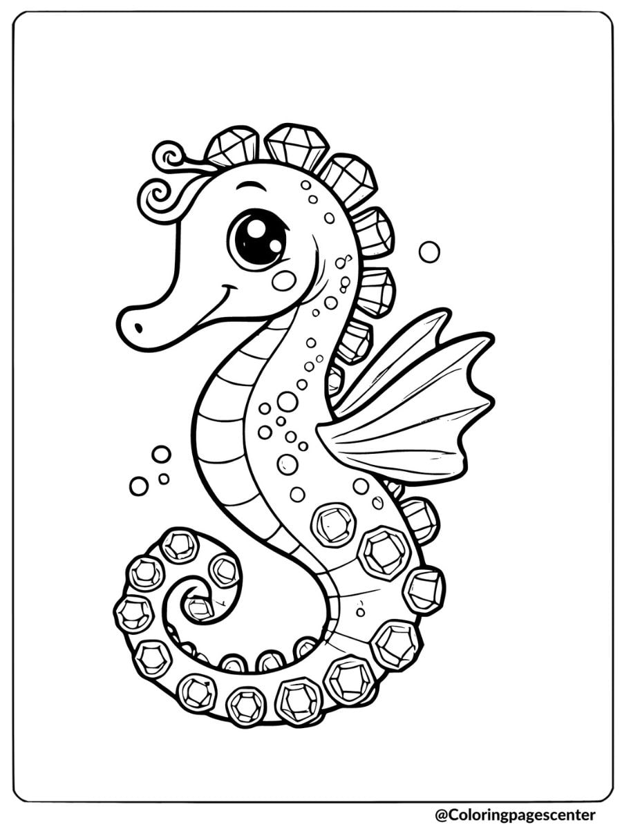 Seahorse decorated with gemstones underwater coloring page