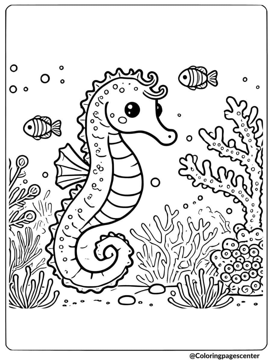 Seahorse near colorful coral reef underwater coloring page