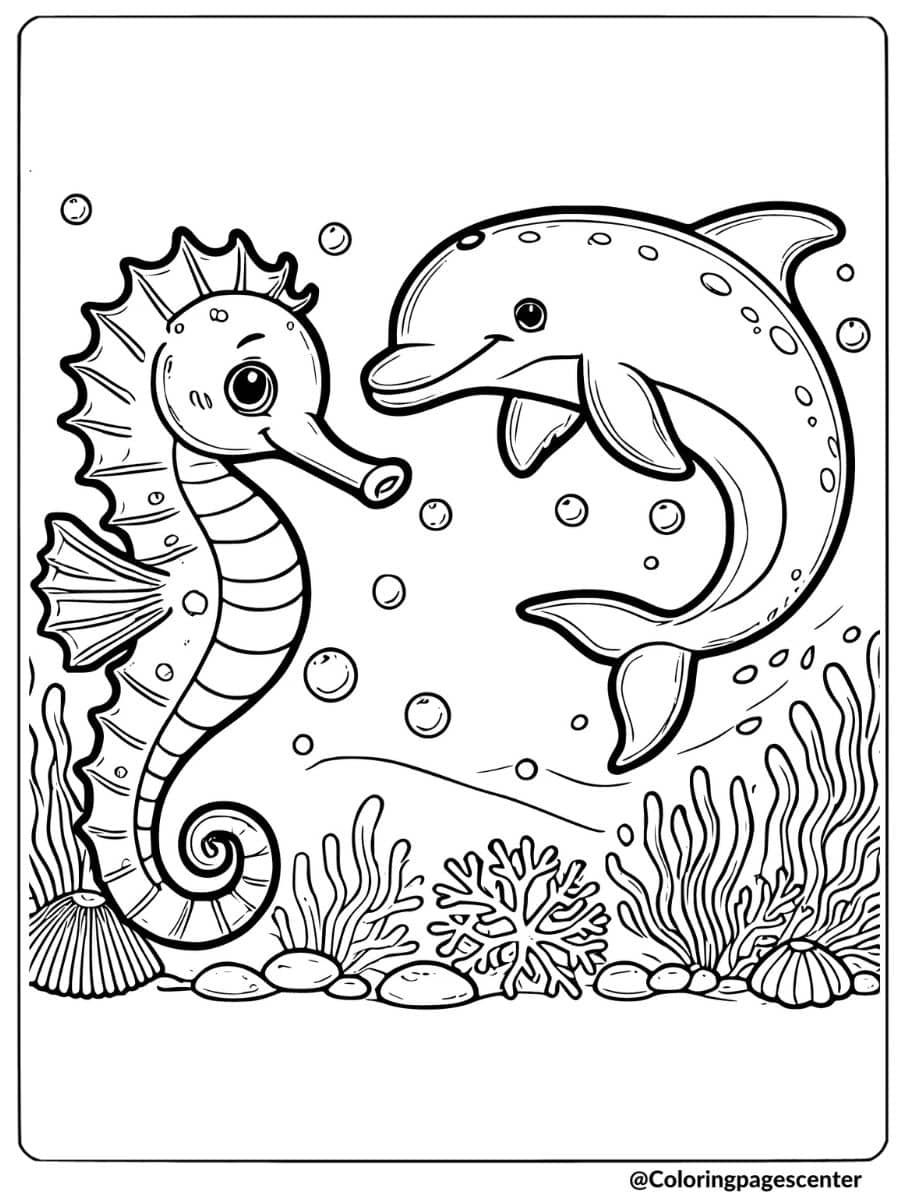 Seahorse swimming with a dolphin underwater coloring page