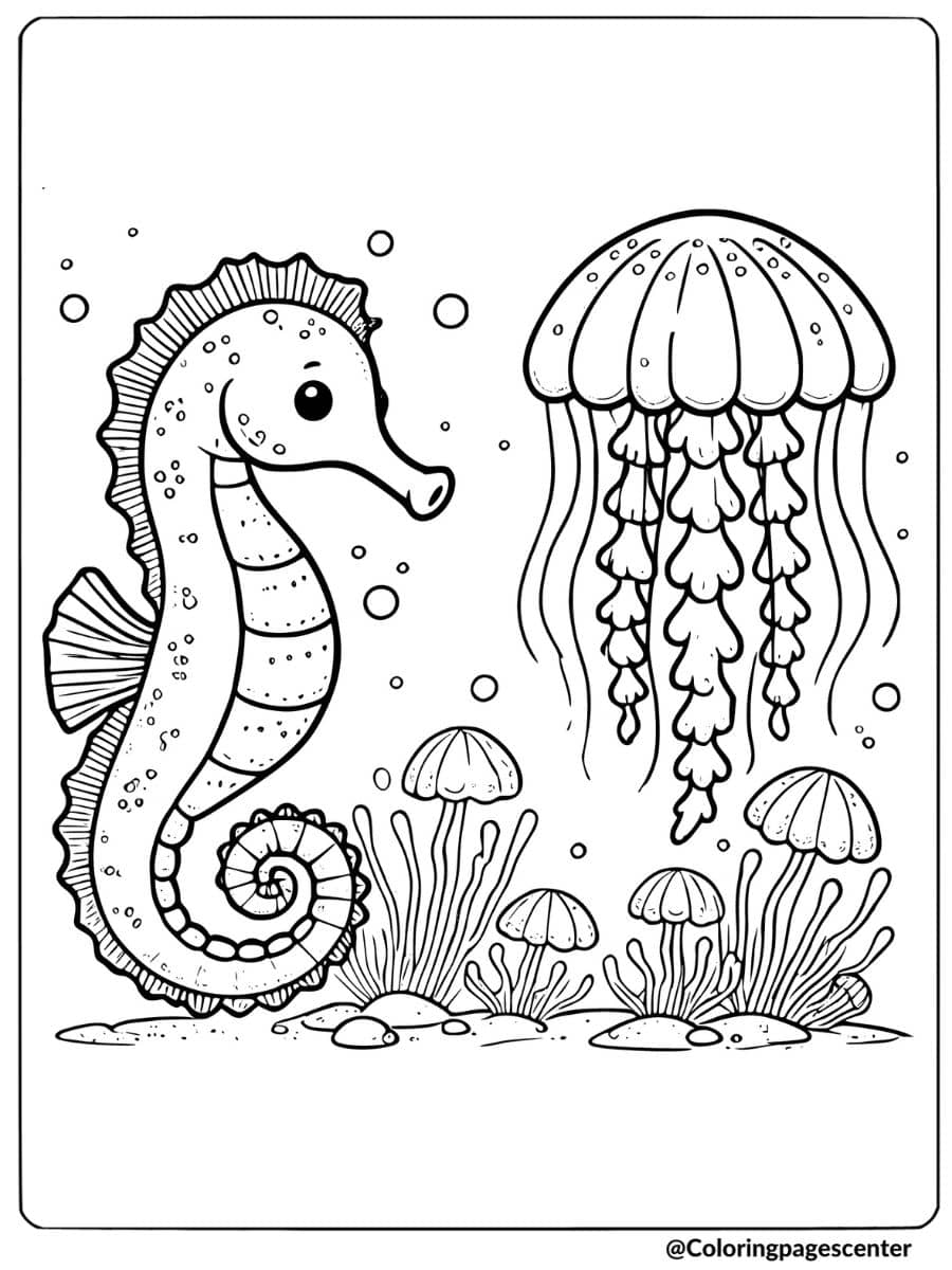 Seahorse and jellyfish together underwater coloring page