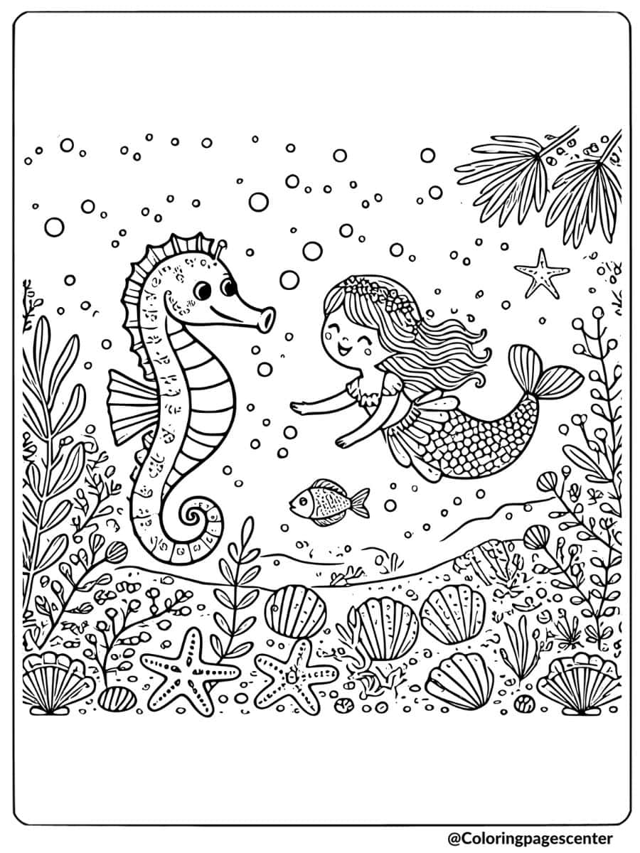 Seahorse swimming with a mermaid underwater coloring page