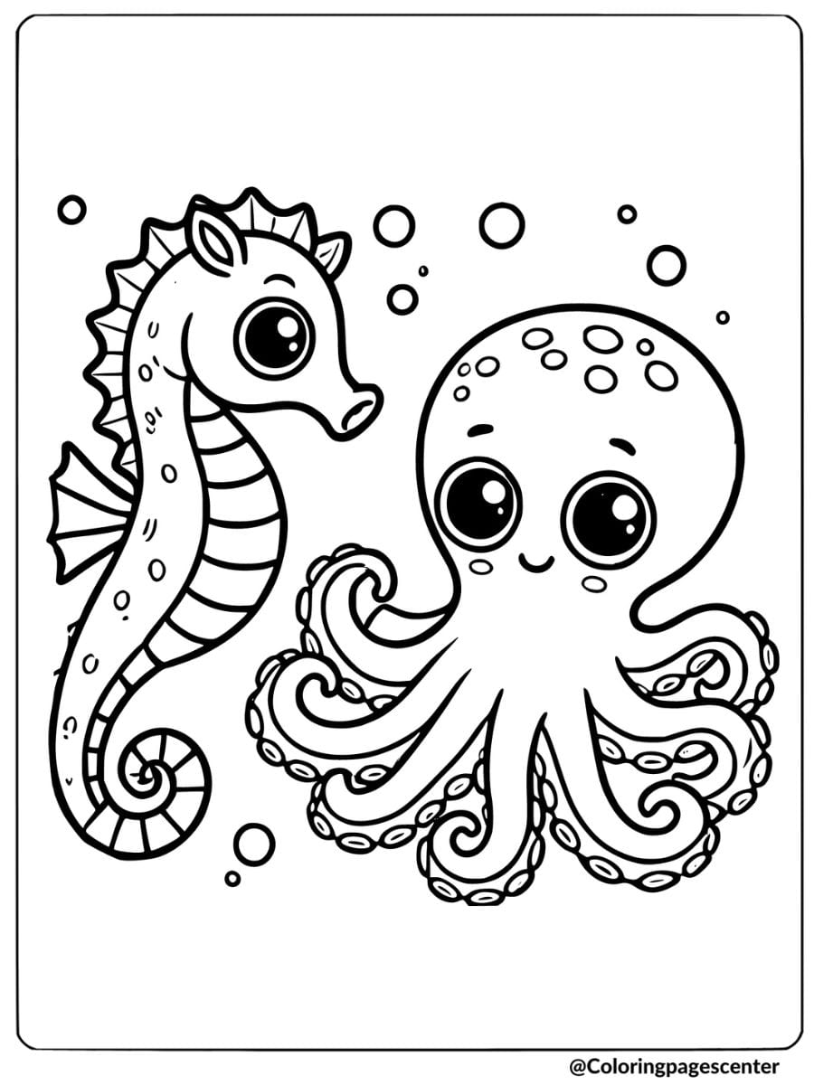 Seahorse and friendly octopus underwater coloring page