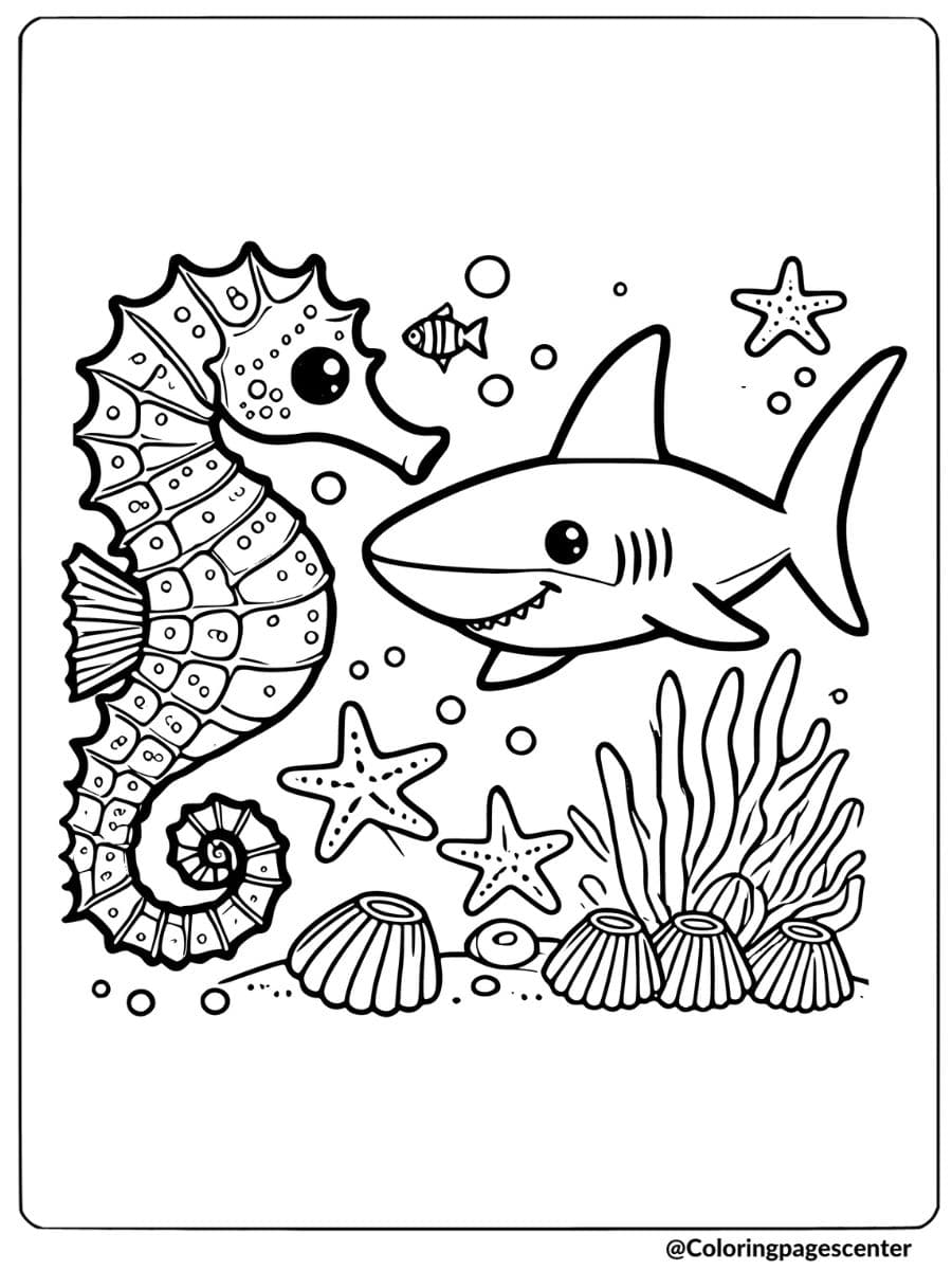 Seahorse and shark meeting underwater coloring page