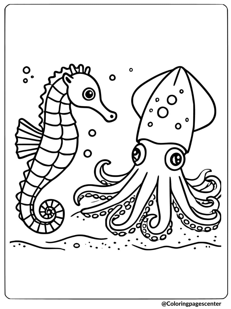 Seahorse meeting a squid underwater coloring page