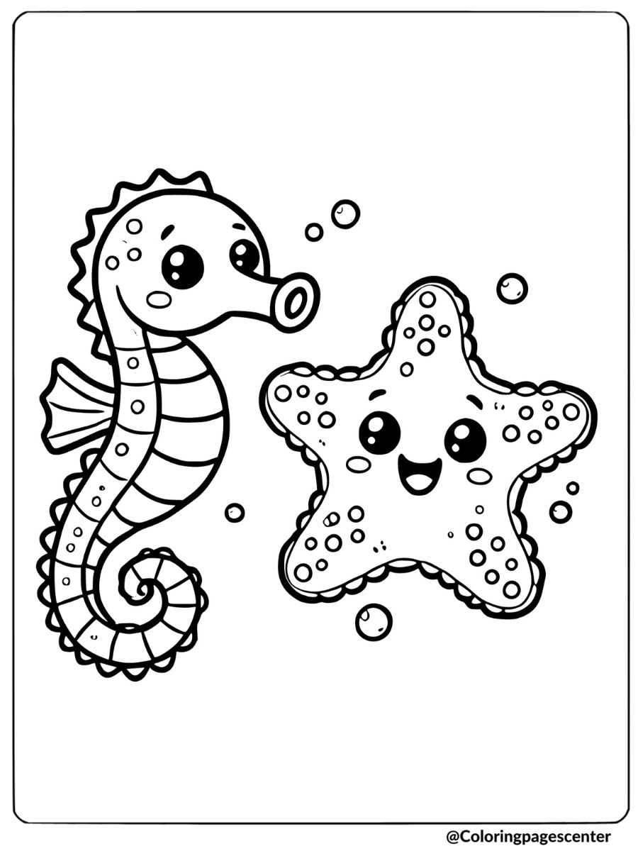 Happy seahorse with a starfish underwater coloring page