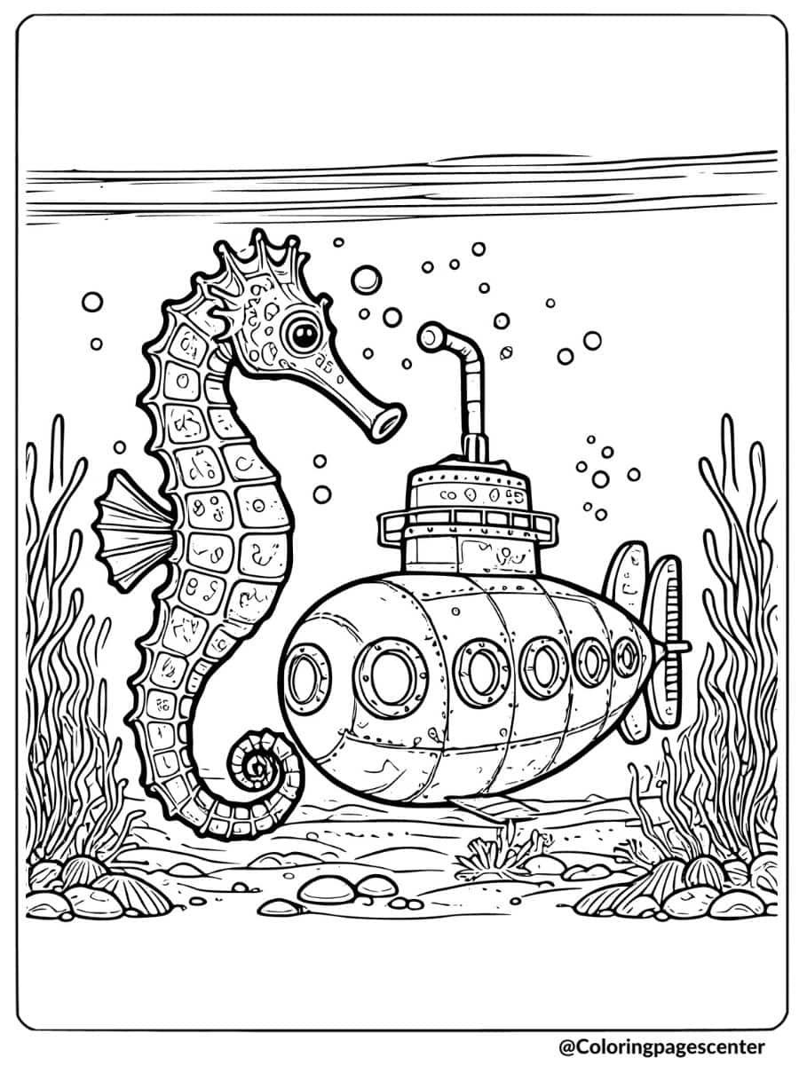 Seahorse exploring with a submarine underwater coloring page