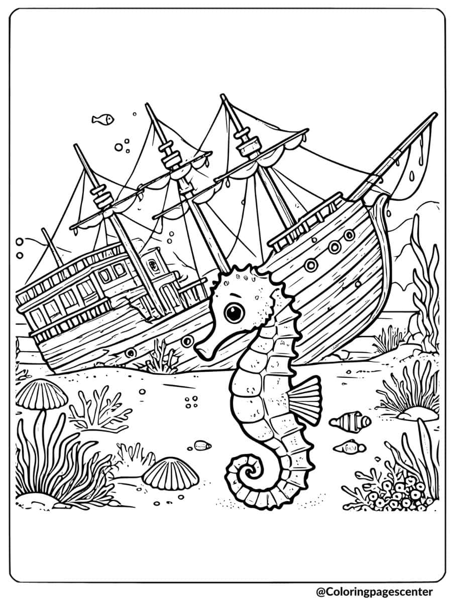 Seahorse exploring a sunken ship underwater coloring page