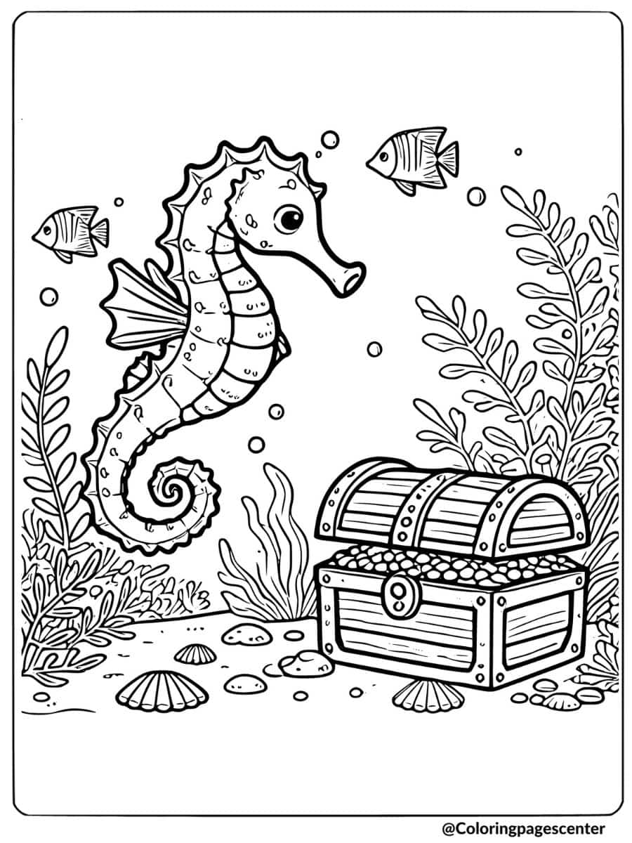 Seahorse discovering a treasure chest underwater coloring page