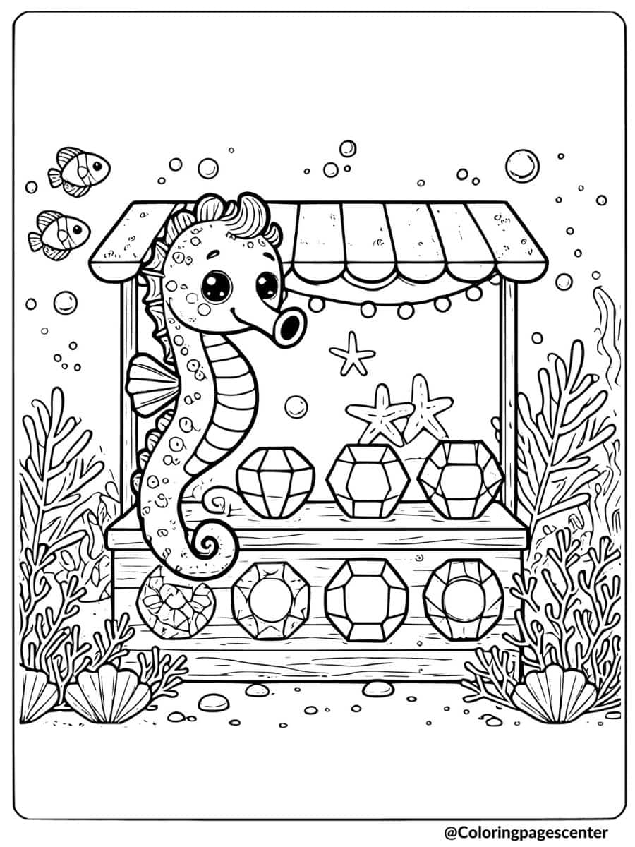 Seahorse at an underwater market stall coloring page