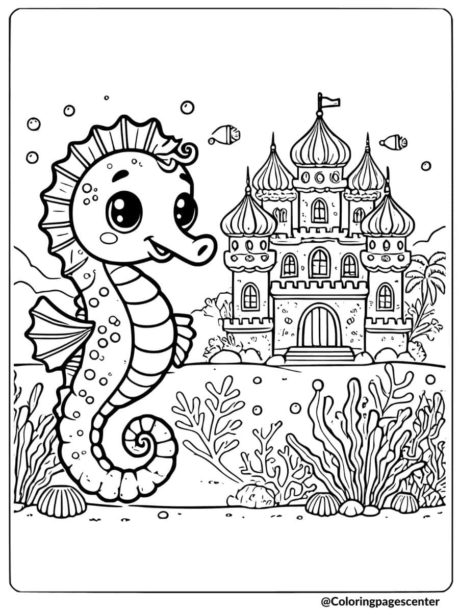 Seahorse exploring an underwater castle coloring page